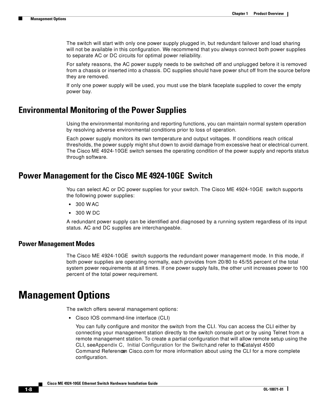 Cisco Systems ME 4924-10GE Management Options, Environmental Monitoring of the Power Supplies, Power Management Modes 