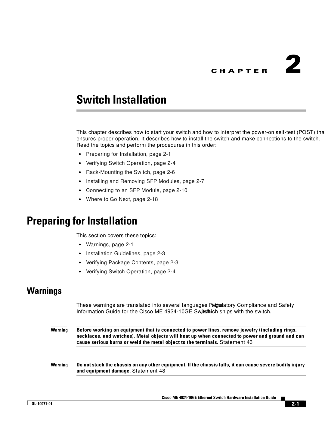 Cisco Systems ME 4924-10GE manual Switch Installation, Preparing for Installation 