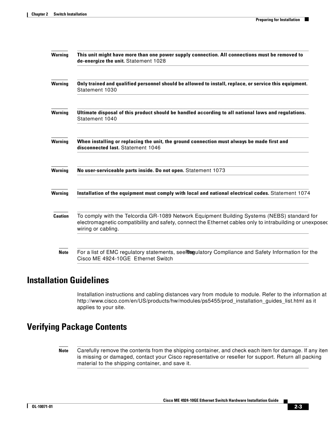 Cisco Systems ME 4924-10GE manual Installation Guidelines Verifying Package Contents 