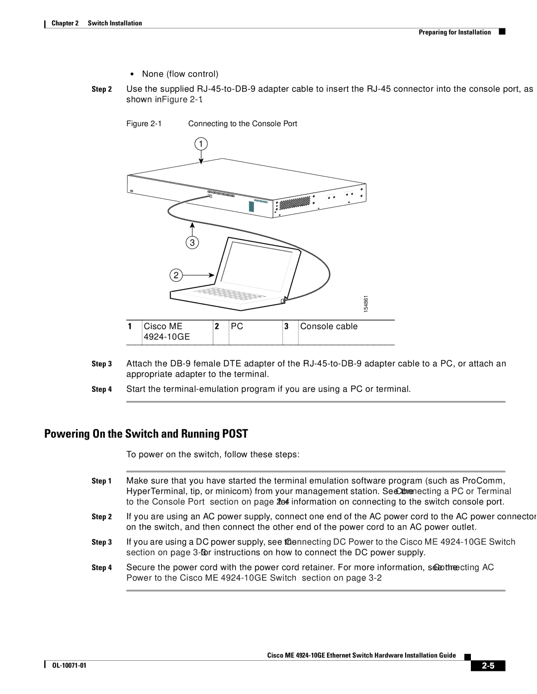 Cisco Systems ME 4924-10GE manual Powering On the Switch and Running Post, Connecting to the Console Port 