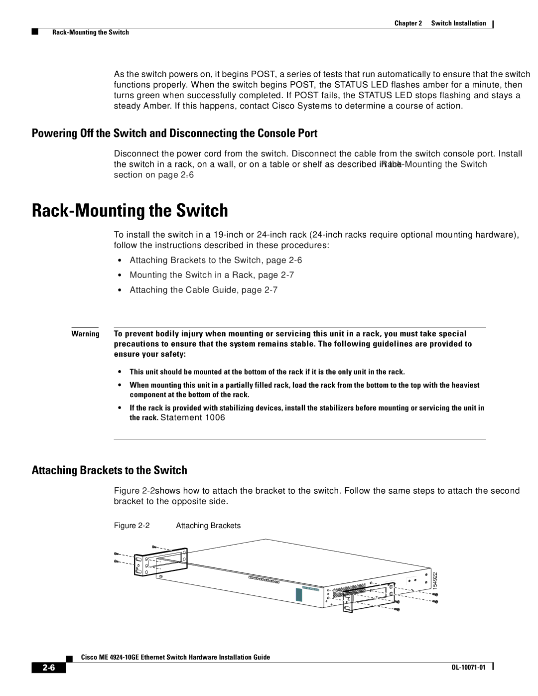 Cisco Systems ME 4924-10GE manual Rack-Mounting the Switch, Powering Off the Switch and Disconnecting the Console Port 