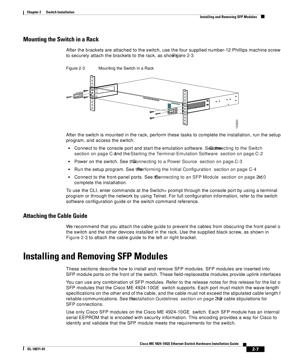 Cisco Systems ME 4924-10GE Installing and Removing SFP Modules, Mounting the Switch in a Rack, Attaching the Cable Guide 