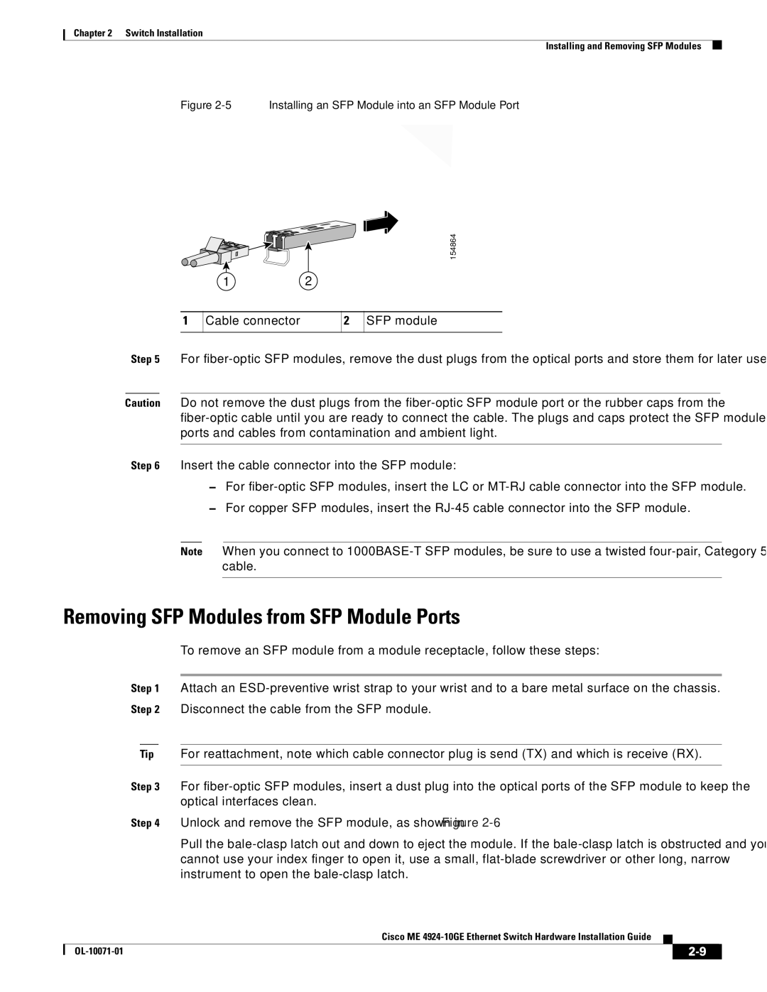 Cisco Systems ME 4924-10GE Removing SFP Modules from SFP Module Ports, Installing an SFP Module into an SFP Module Port 