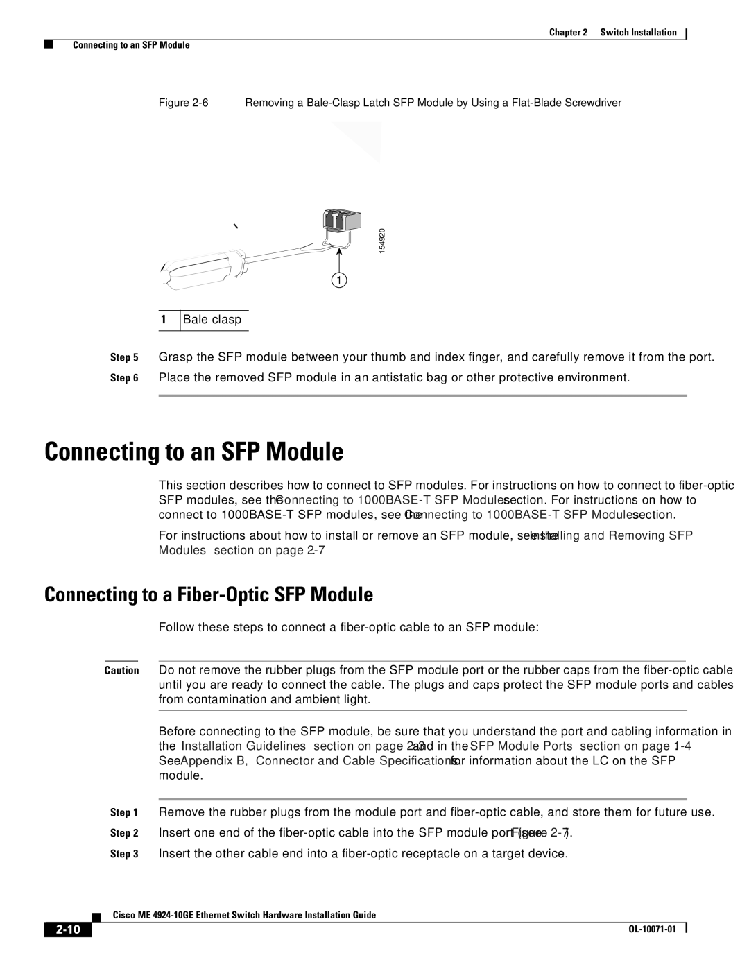 Cisco Systems ME 4924-10GE manual Connecting to an SFP Module, Connecting to a Fiber-Optic SFP Module 