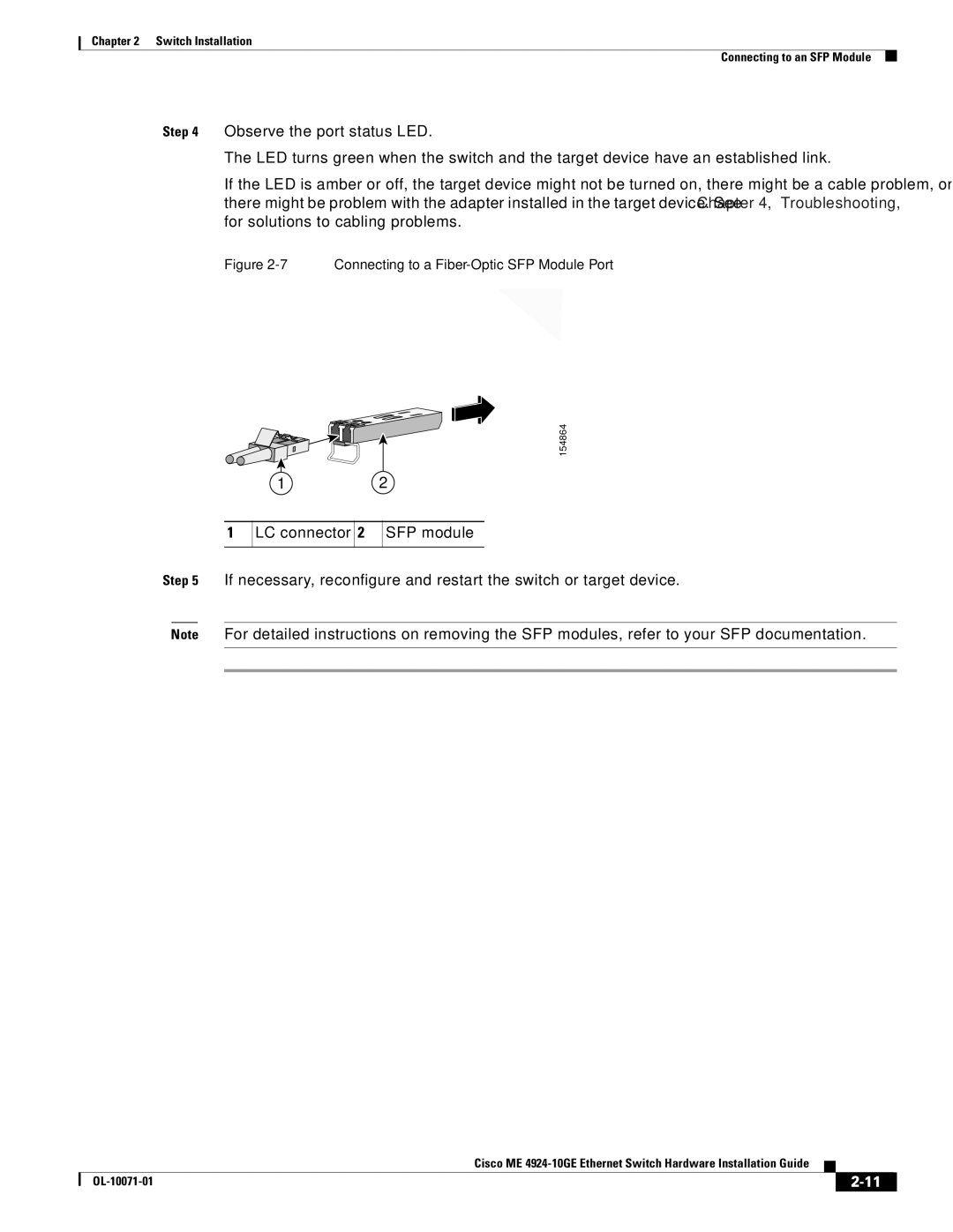 Cisco Systems ME 4924-10GE manual Connecting to a Fiber-Optic SFP Module Port 