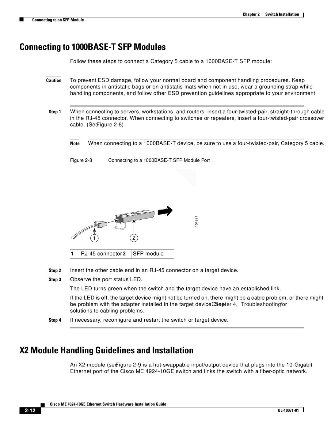 Cisco Systems ME 4924-10GE manual Connecting to 1000BASE-T SFP Modules, X2 Module Handling Guidelines and Installation 