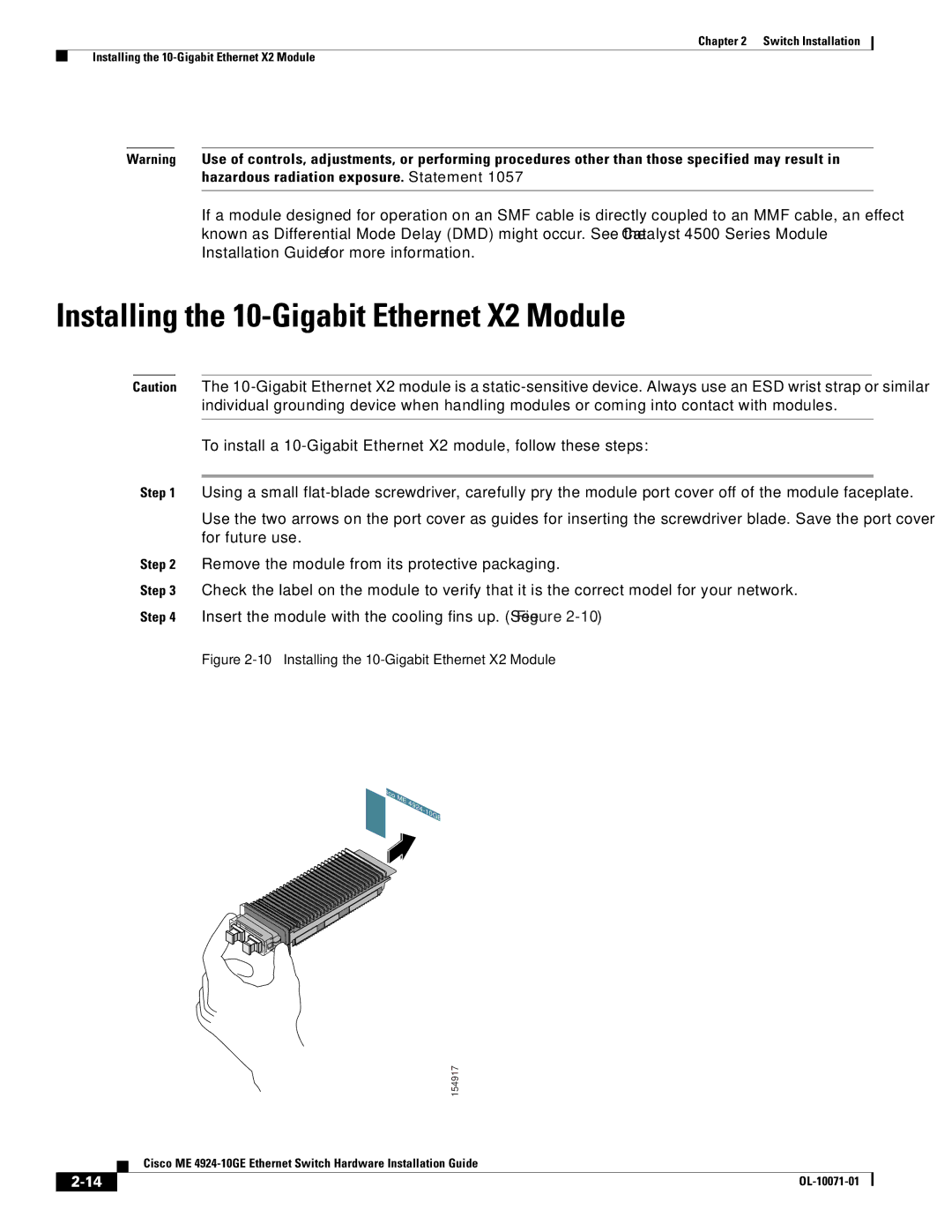 Cisco Systems ME 4924-10GE manual Installing the 10-Gigabit Ethernet X2 Module 