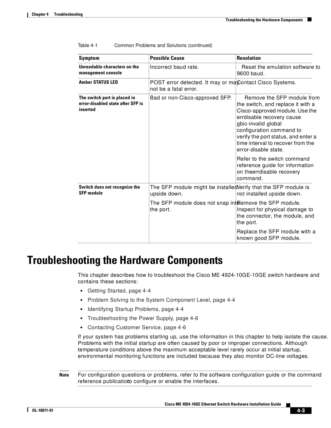 Cisco Systems ME 4924-10GE manual Troubleshooting the Hardware Components, Gbic-invalid global 