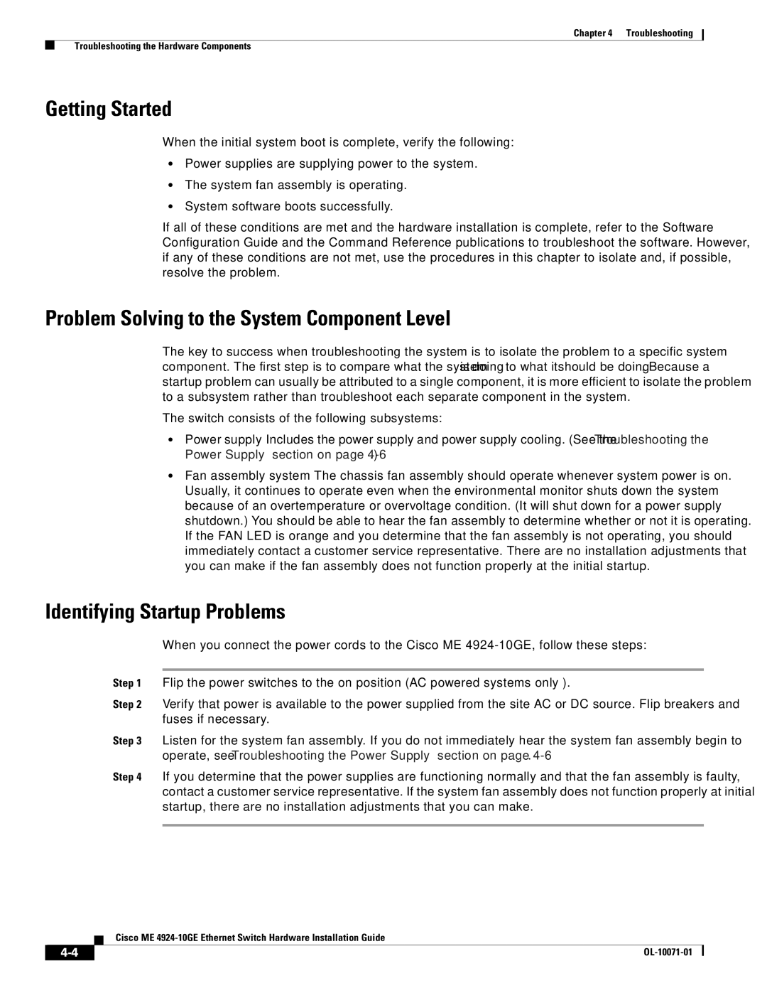 Cisco Systems ME 4924-10GE Getting Started, Problem Solving to the System Component Level, Identifying Startup Problems 