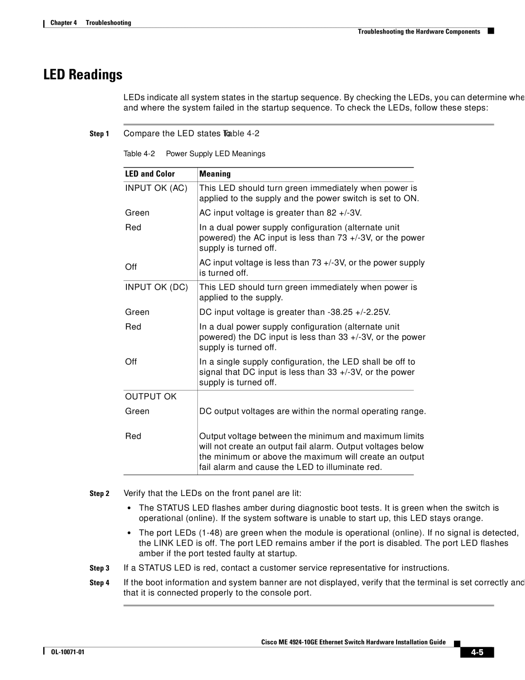 Cisco Systems ME 4924-10GE manual LED Readings, LED and Color Meaning 