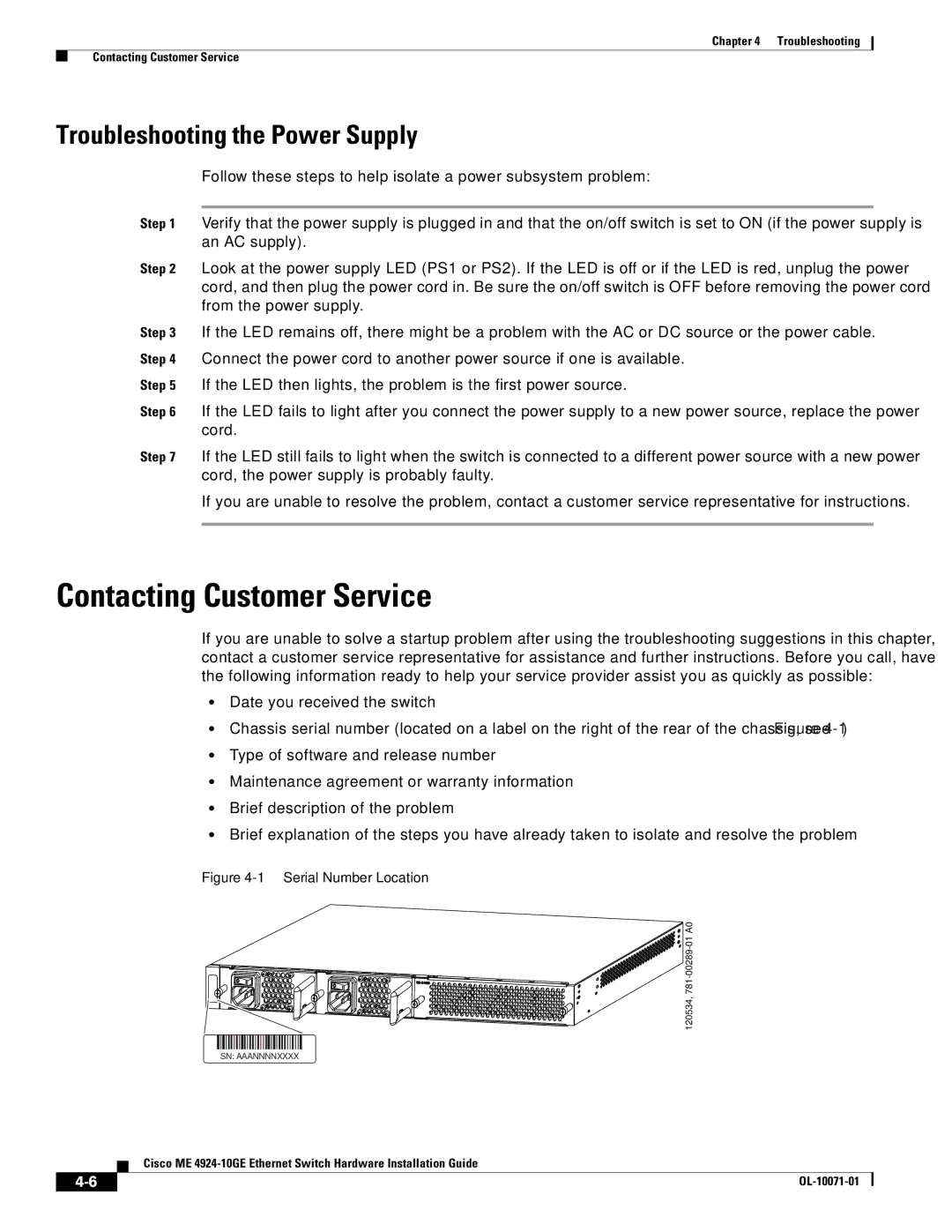 Cisco Systems ME 4924-10GE manual Contacting Customer Service, Troubleshooting the Power Supply 