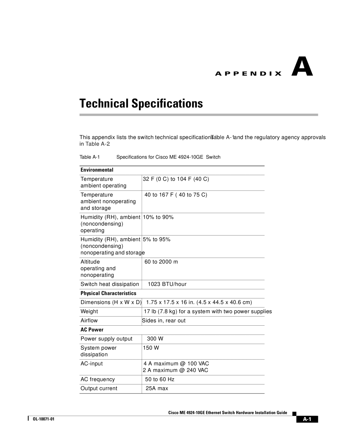 Cisco Systems ME 4924-10GE manual Technical Specifications, AC Power 