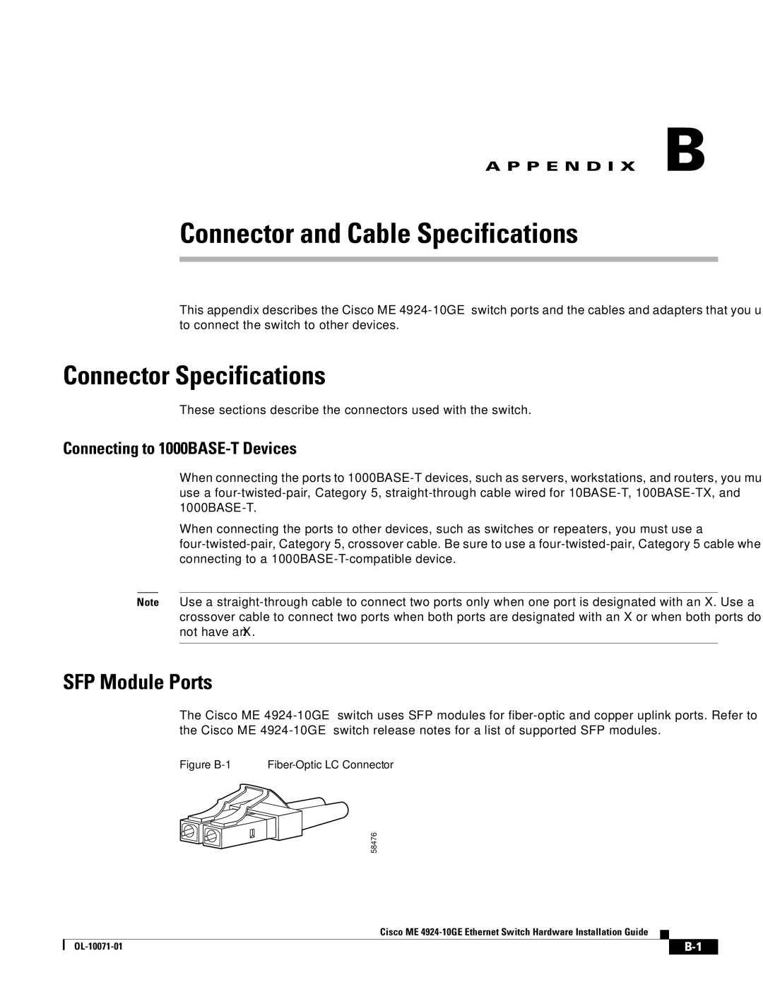 Cisco Systems ME 4924-10GE Connector and Cable Specifications, Connector Specifications, Connecting to 1000BASE-T Devices 