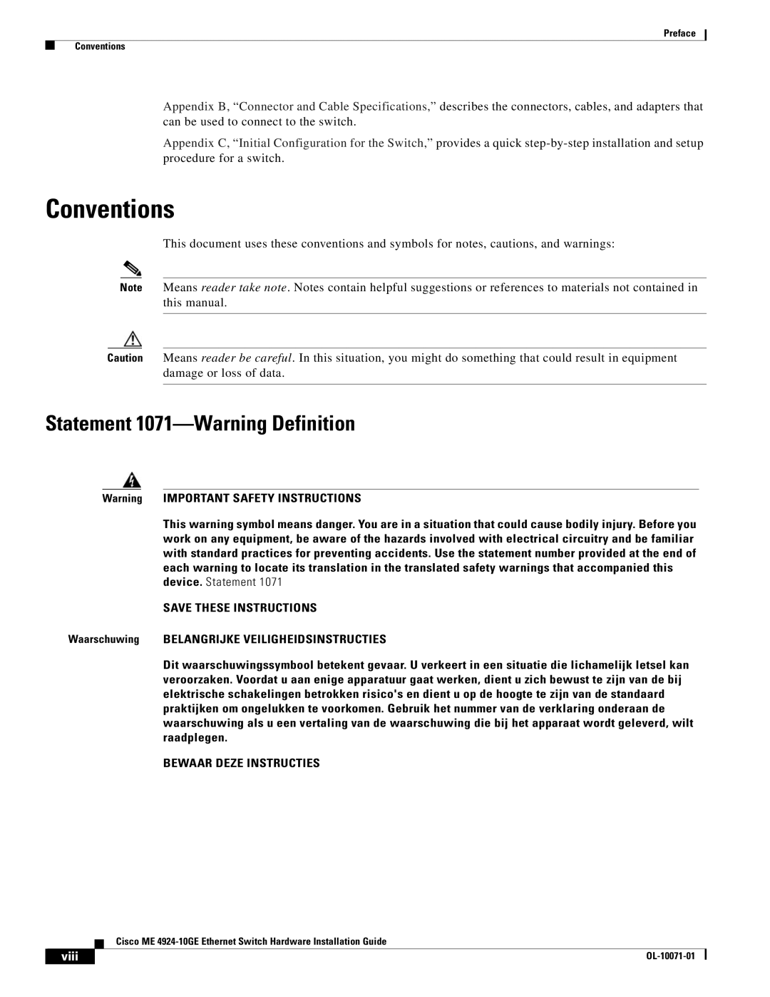 Cisco Systems ME 4924-10GE manual Conventions, Statement 1071-Warning Definition, Viii 