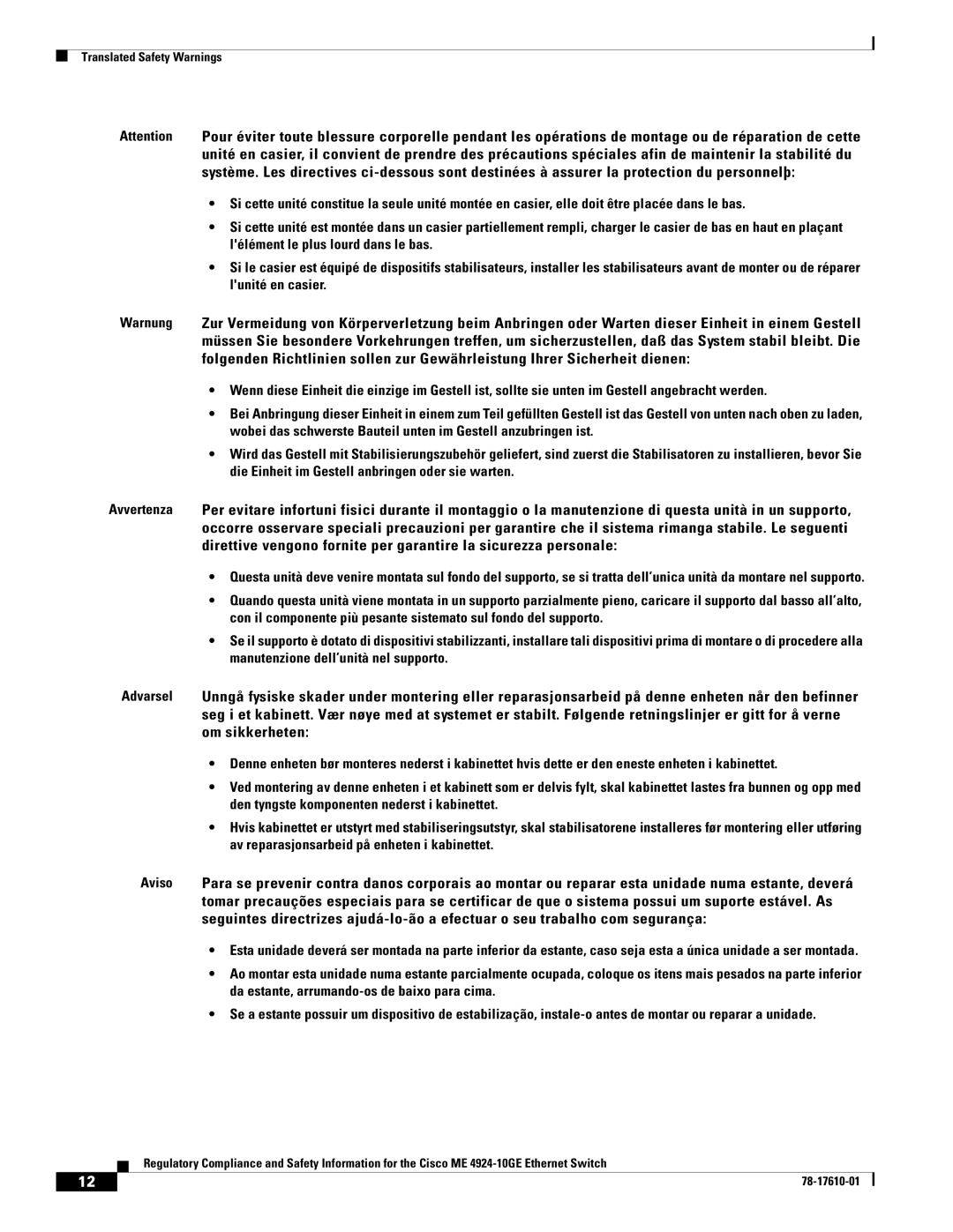 Cisco Systems ME 4924-10GE important safety instructions Translated Safety Warnings 