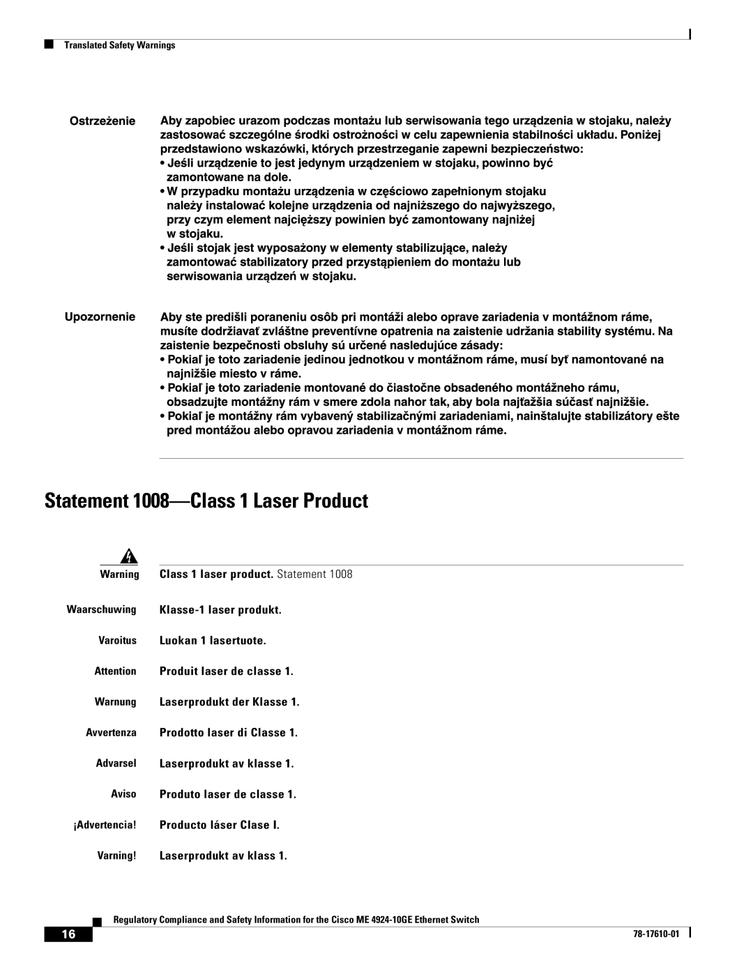 Cisco Systems ME 4924-10GE important safety instructions Statement 1008-Class 1 Laser Product 