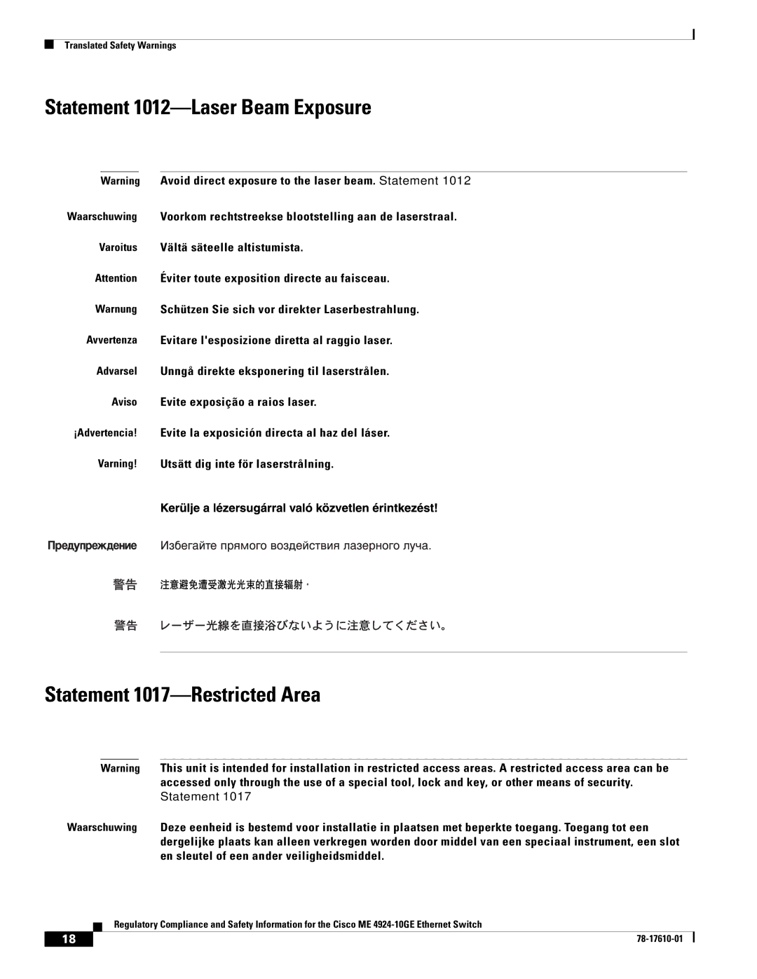 Cisco Systems ME 4924-10GE important safety instructions Statement 1012-Laser Beam Exposure, Statement 1017-Restricted Area 