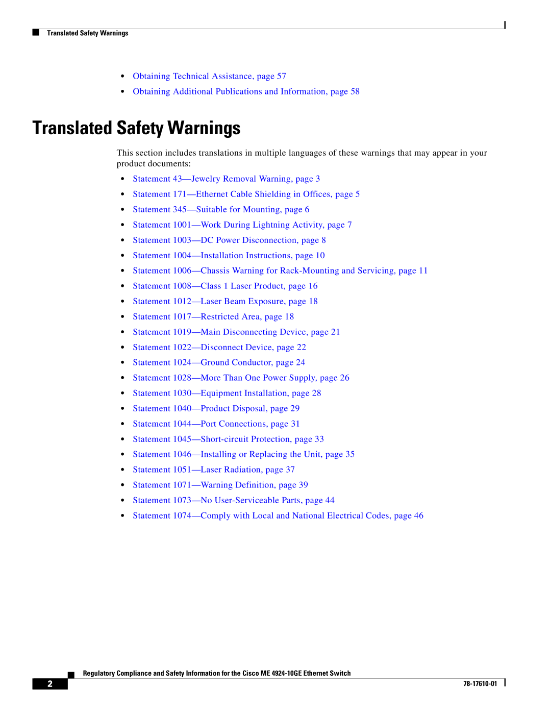 Cisco Systems ME 4924-10GE important safety instructions Translated Safety Warnings 