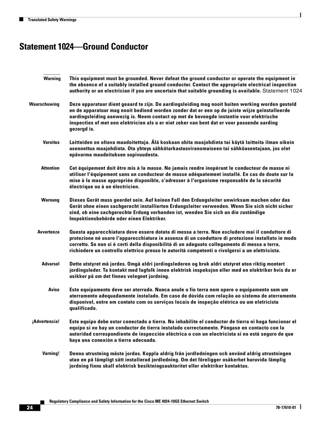 Cisco Systems ME 4924-10GE important safety instructions Statement 1024-Ground Conductor 