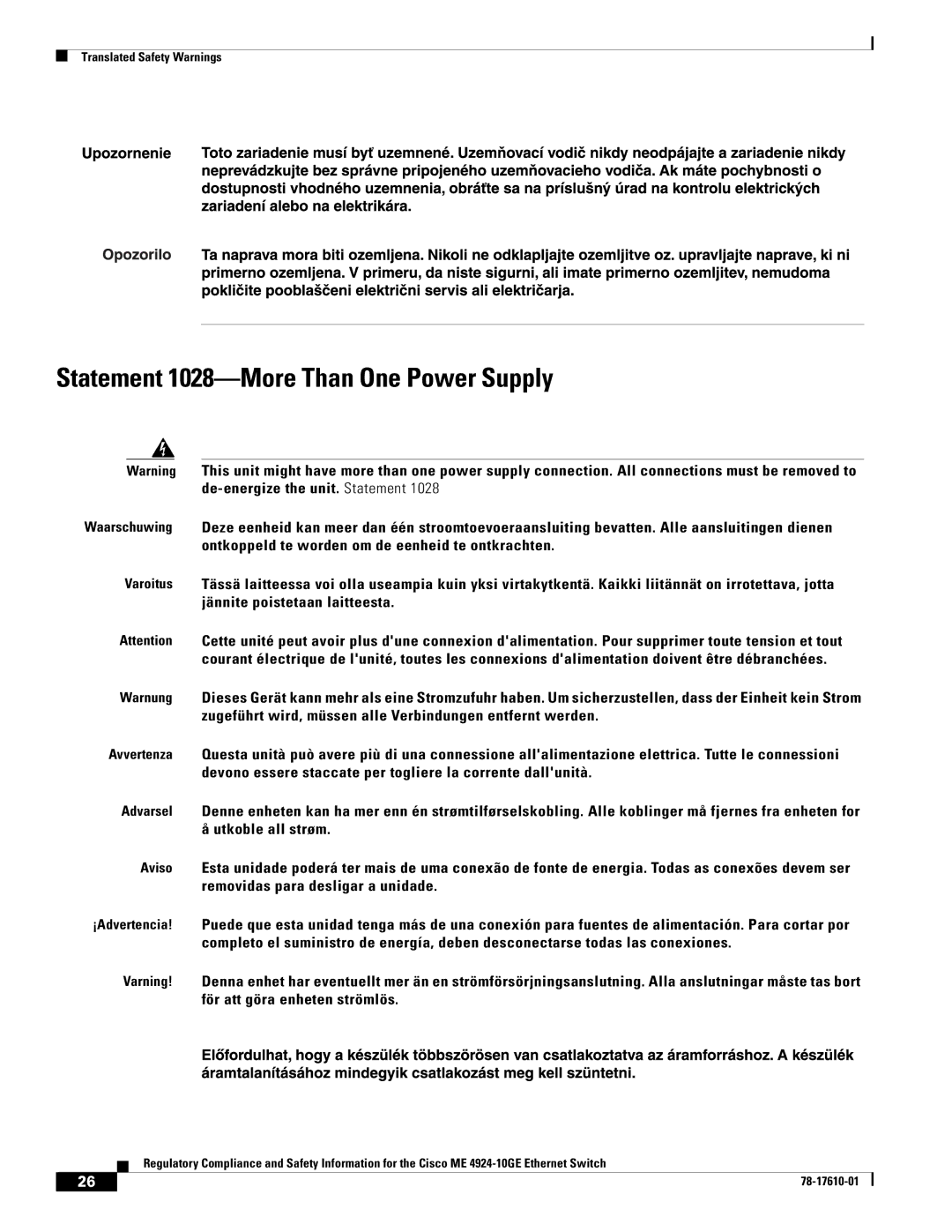 Cisco Systems ME 4924-10GE important safety instructions Statement 1028-More Than One Power Supply 