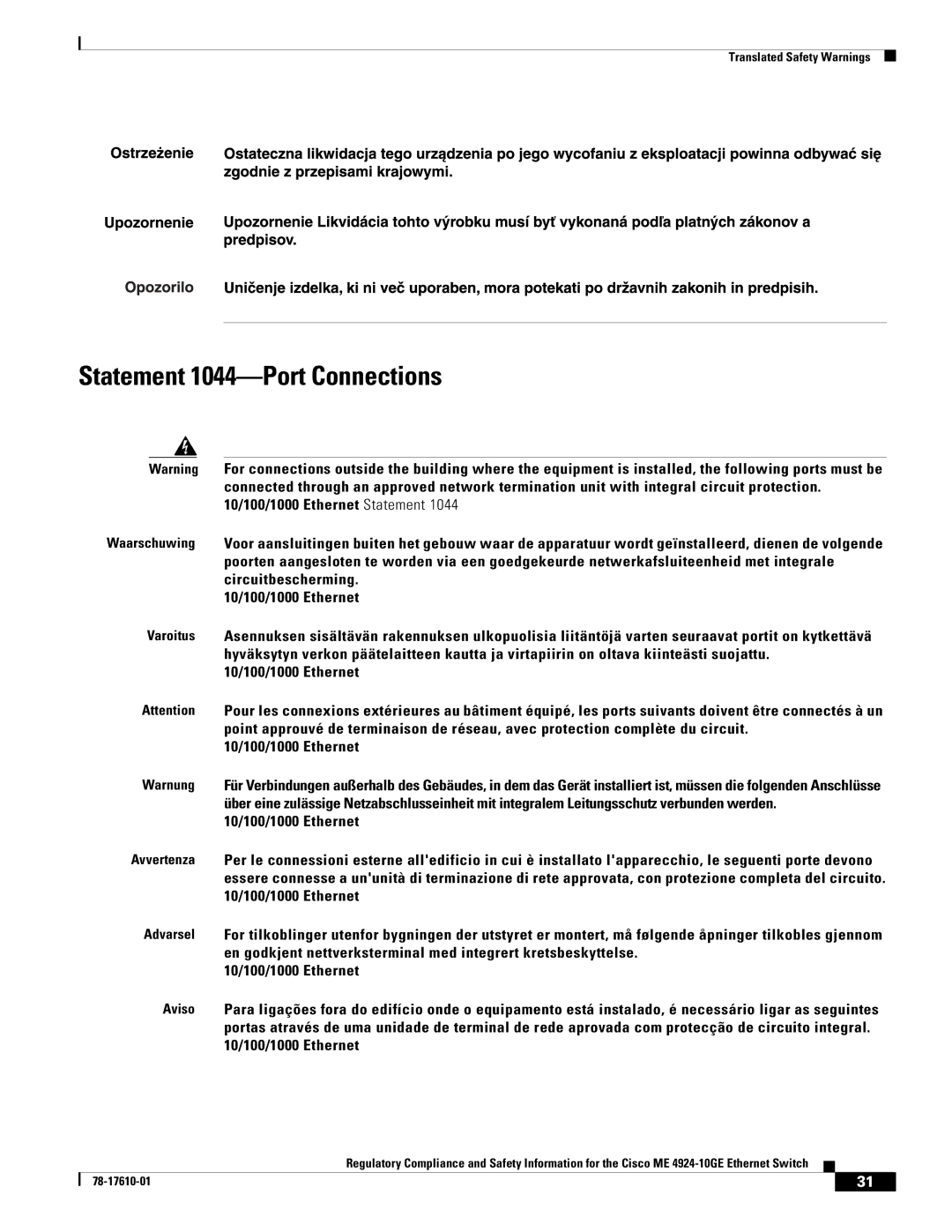 Cisco Systems ME 4924-10GE important safety instructions Statement 1044-Port Connections 