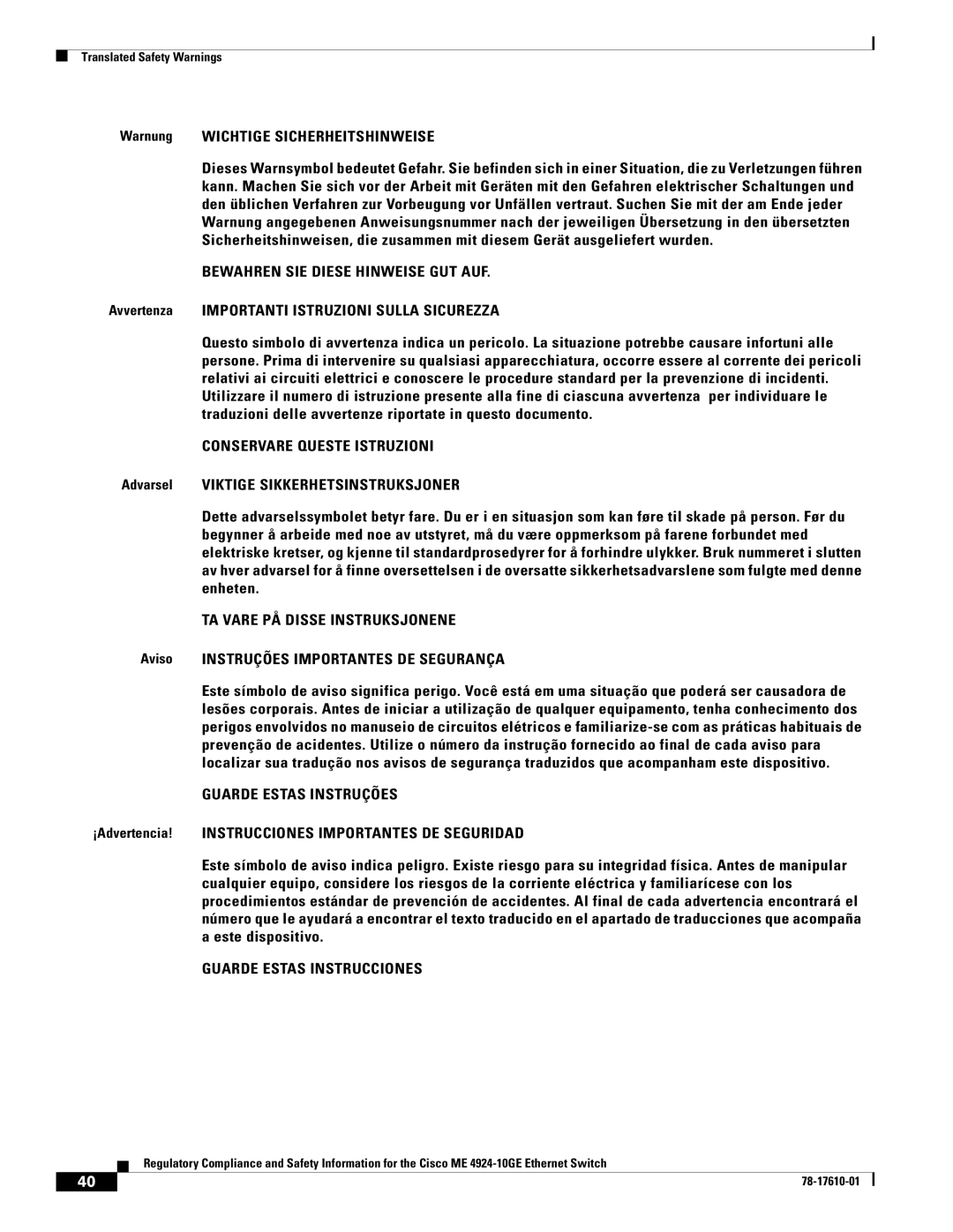 Cisco Systems ME 4924-10GE important safety instructions Bewahren SIE Diese Hinweise GUT AUF 