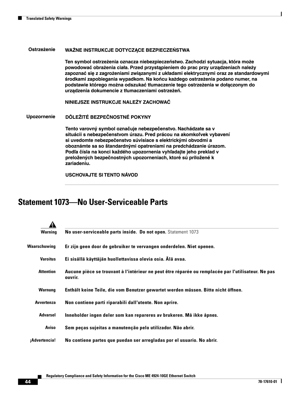 Cisco Systems ME 4924-10GE important safety instructions Statement 1073-No User-Serviceable Parts 