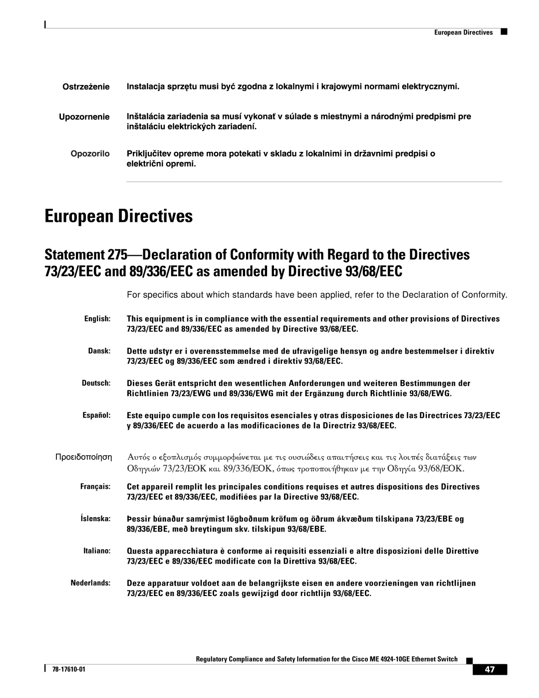 Cisco Systems ME 4924-10GE important safety instructions European Directives 