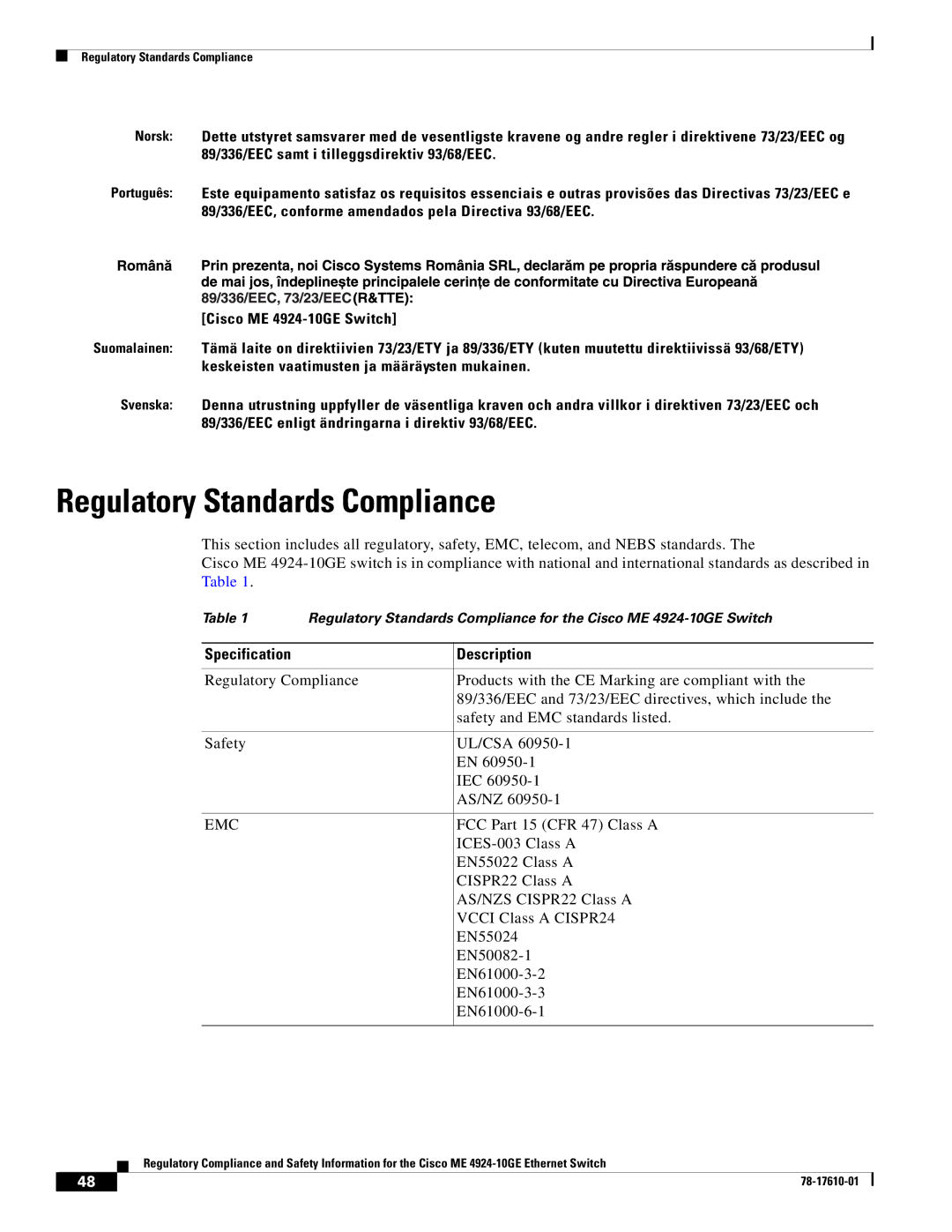 Cisco Systems ME 4924-10GE important safety instructions Regulatory Standards Compliance, Specification Description 