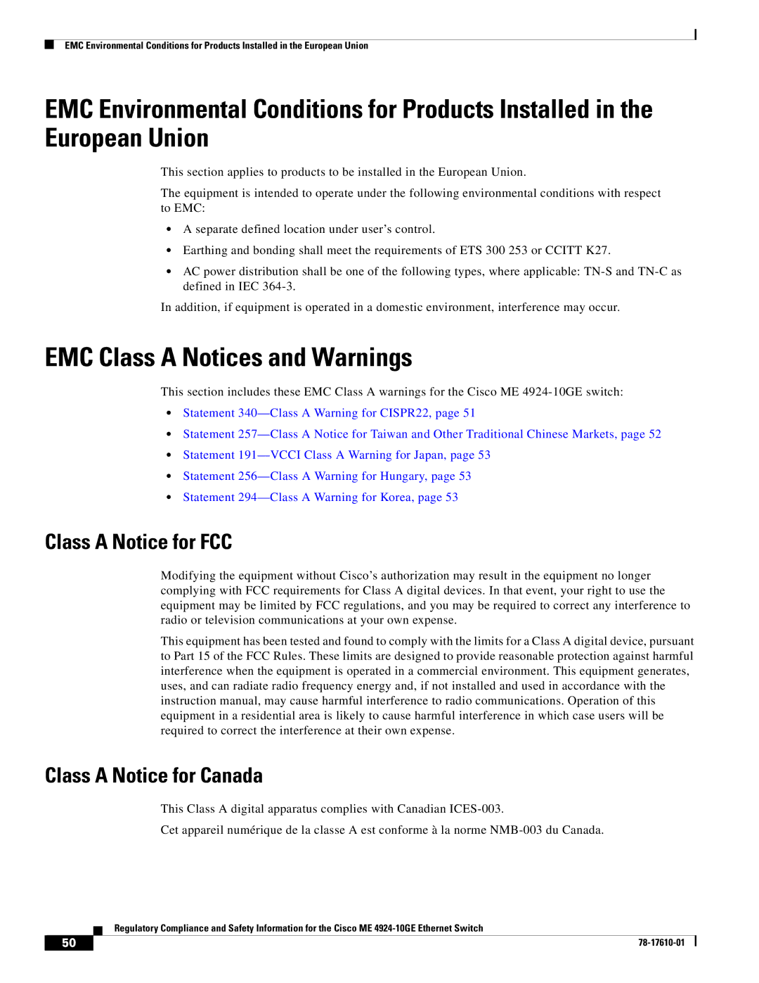 Cisco Systems ME 4924-10GE EMC Class a Notices and Warnings, Class a Notice for FCC, Class a Notice for Canada 