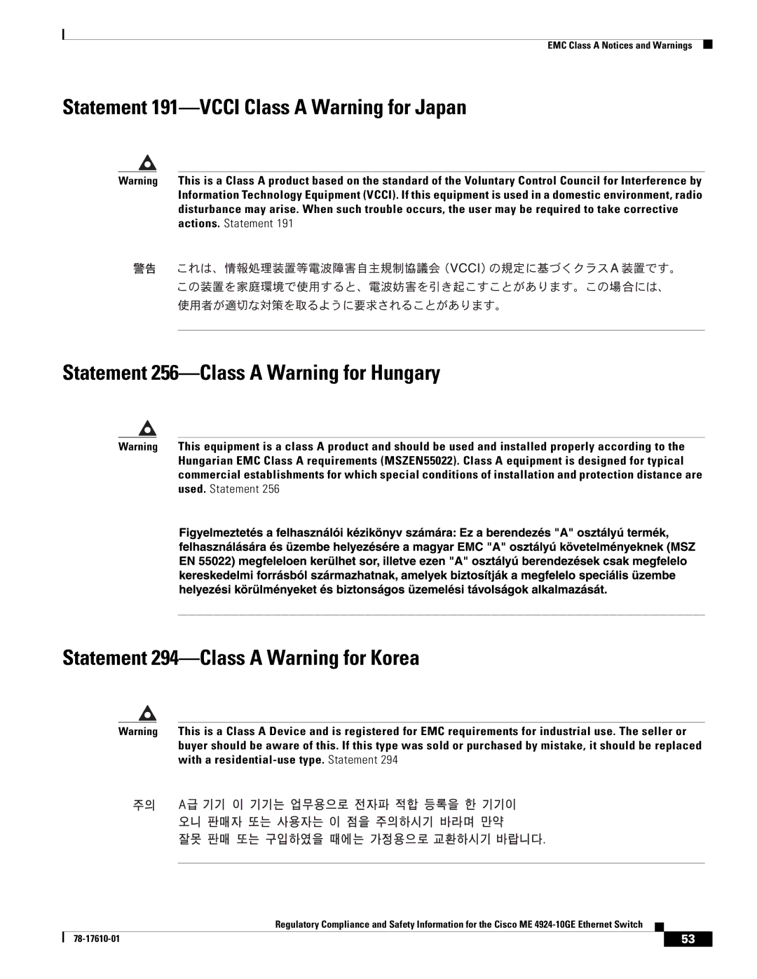 Cisco Systems ME 4924-10GE important safety instructions EMC Class a Notices and Warnings 