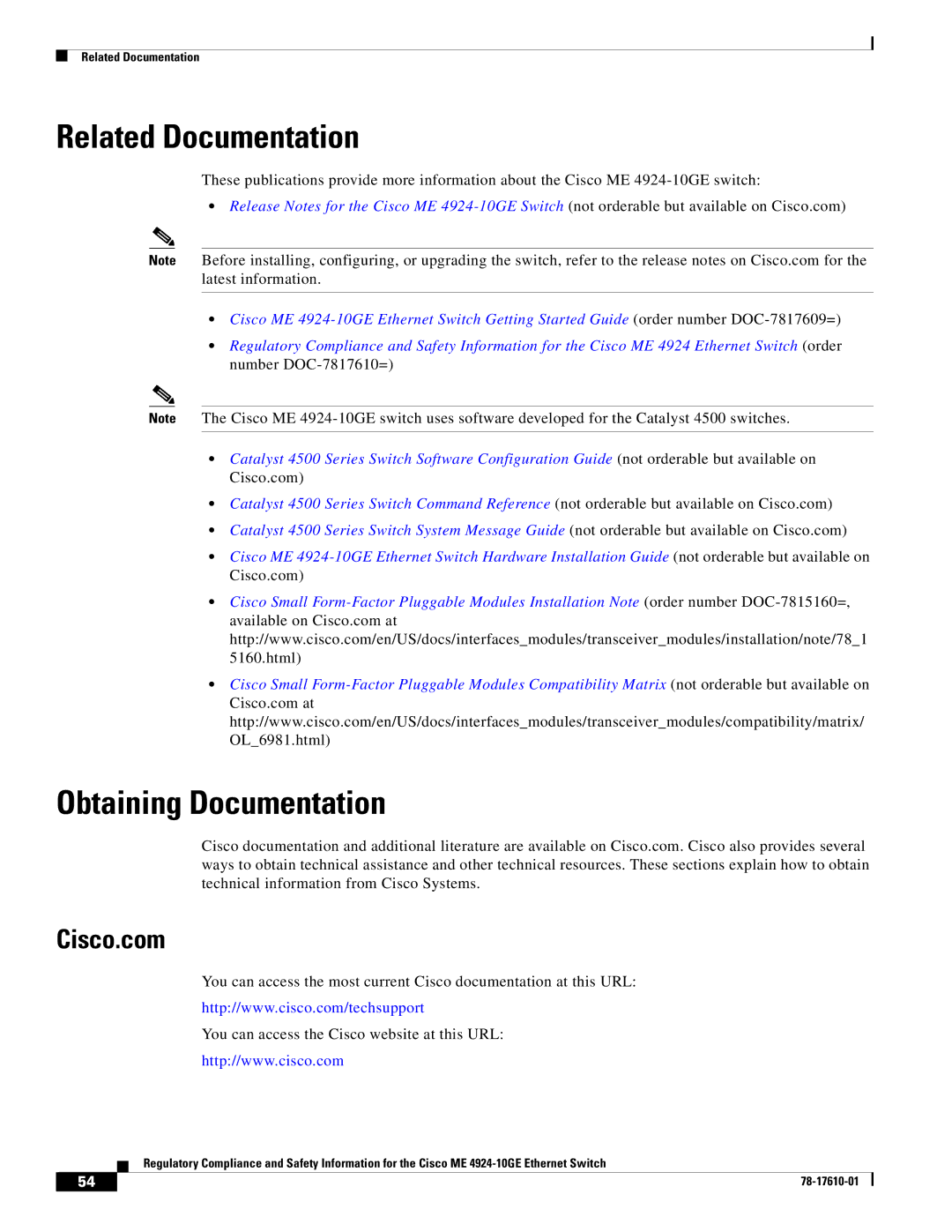 Cisco Systems ME 4924-10GE important safety instructions Related Documentation, Obtaining Documentation, Cisco.com 