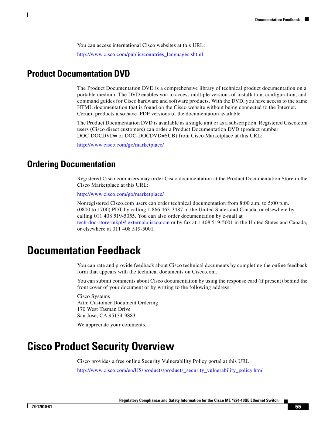 Cisco Systems ME 4924-10GE Documentation Feedback, Cisco Product Security Overview, Product Documentation DVD 