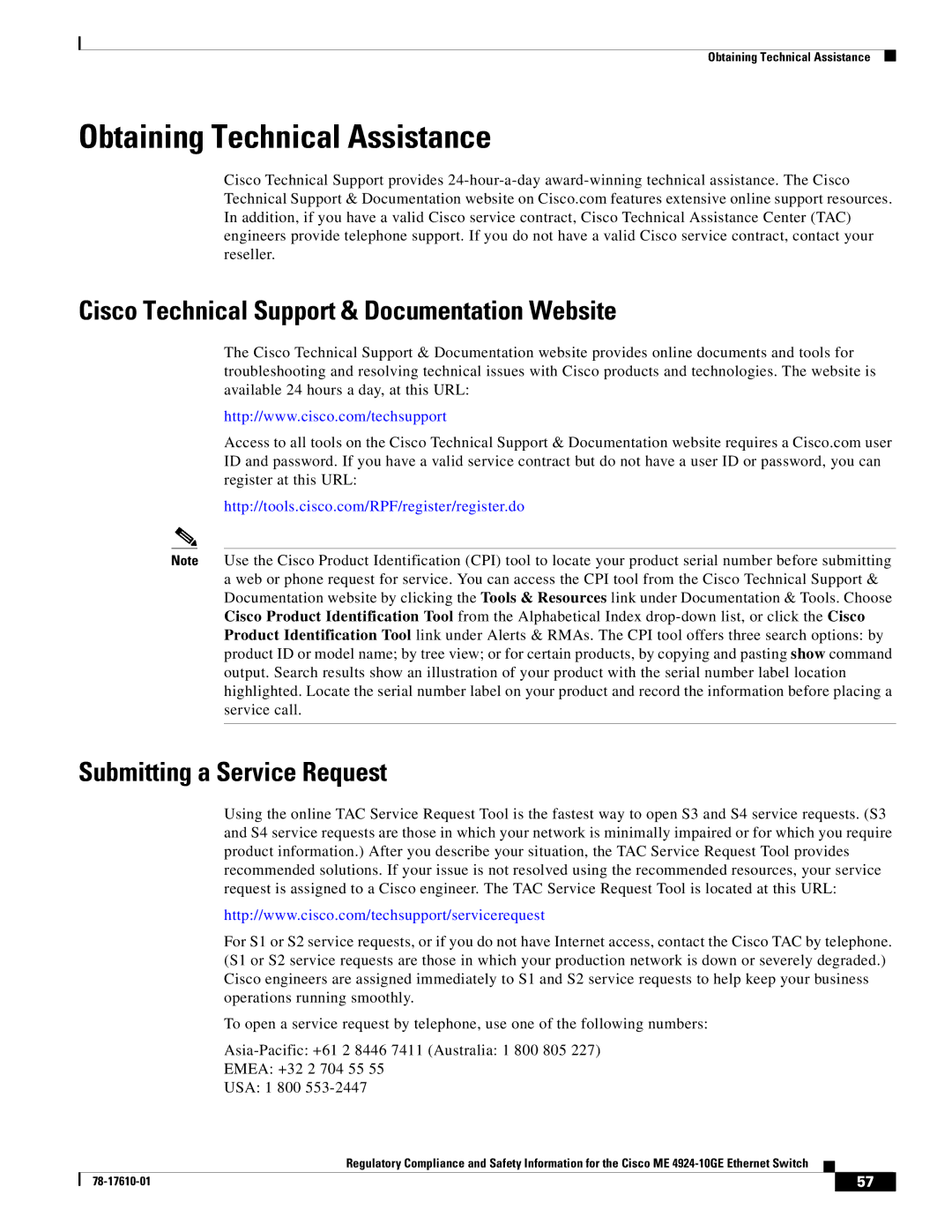 Cisco Systems ME 4924-10GE Obtaining Technical Assistance, Cisco Technical Support & Documentation Website 