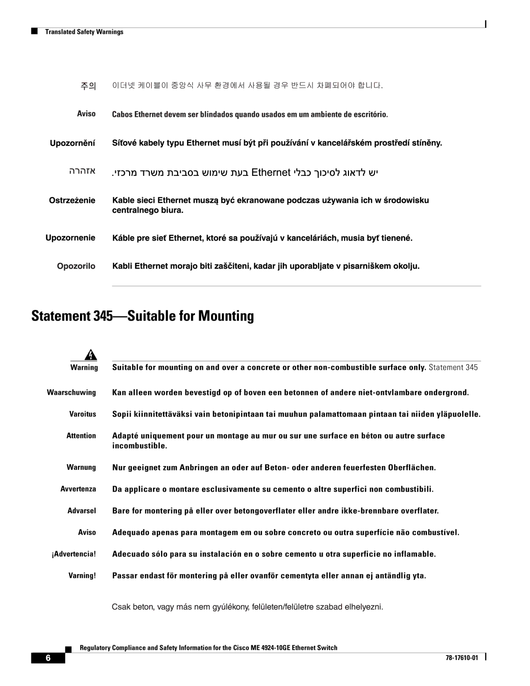 Cisco Systems ME 4924-10GE important safety instructions Statement 345-Suitable for Mounting 