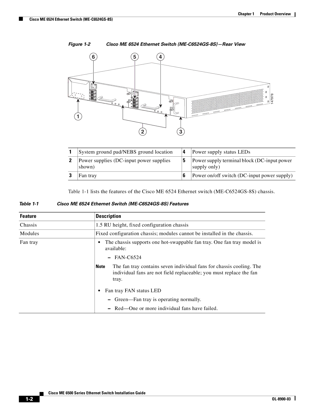 Cisco Systems ME 6500 manual Feature, Cisco ME 6524 Ethernet Switch ME-C6524GS-8S-Rear View 