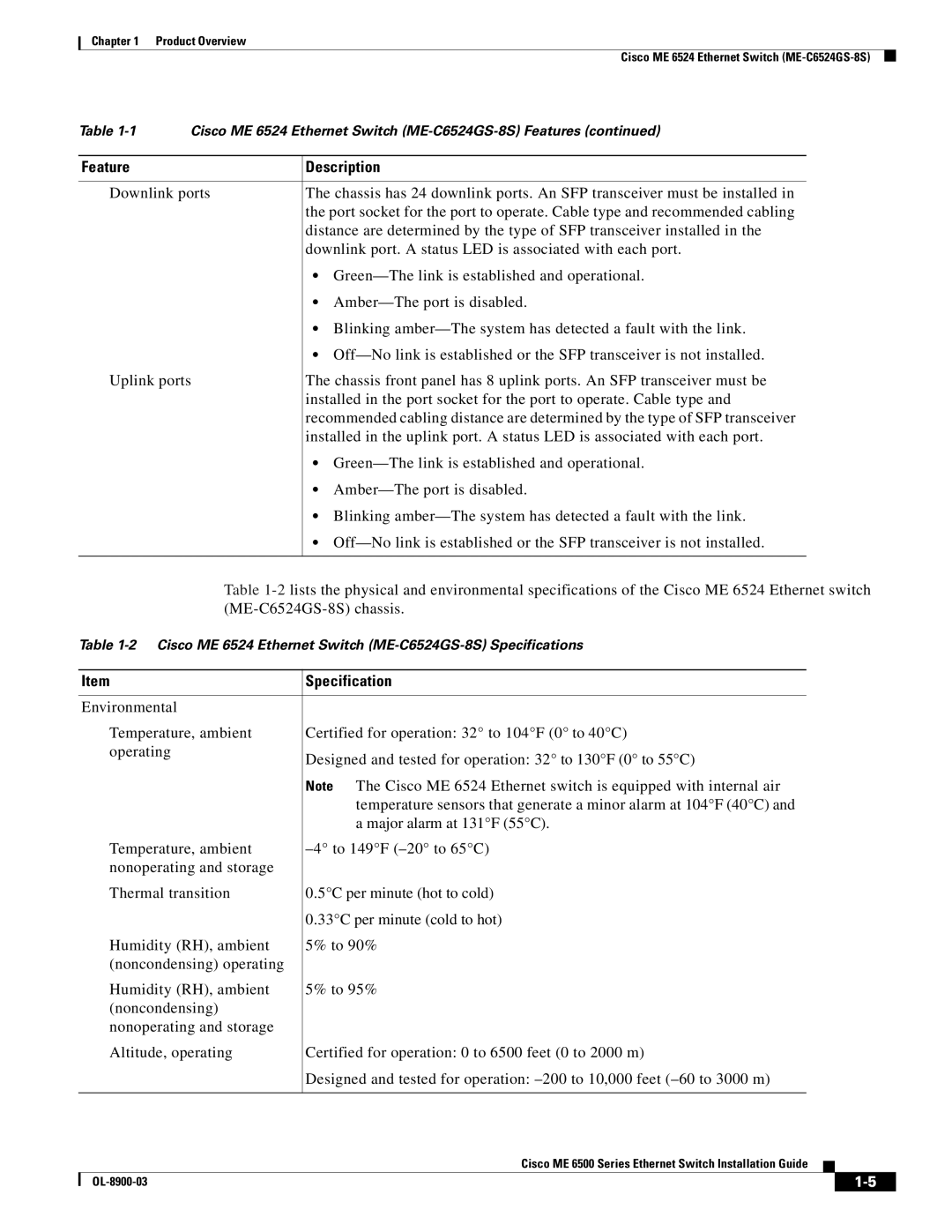 Cisco Systems ME 6500 manual Specification 