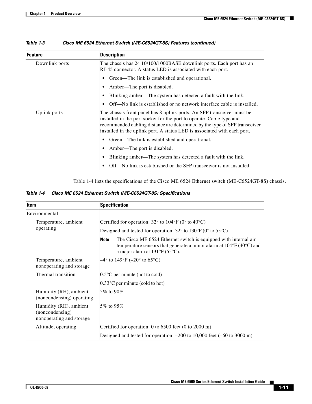 Cisco Systems ME 6500 manual Cisco ME 6524 Ethernet Switch ME-C6524GT-8S Specifications 