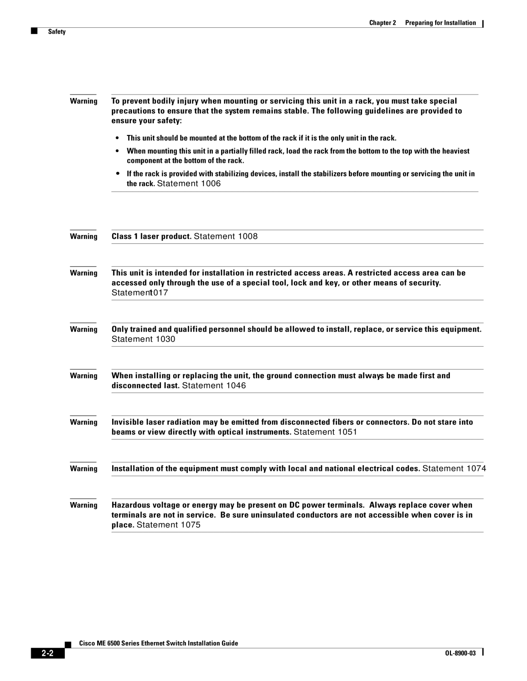 Cisco Systems ME 6500 manual Preparing for Installation Safety 