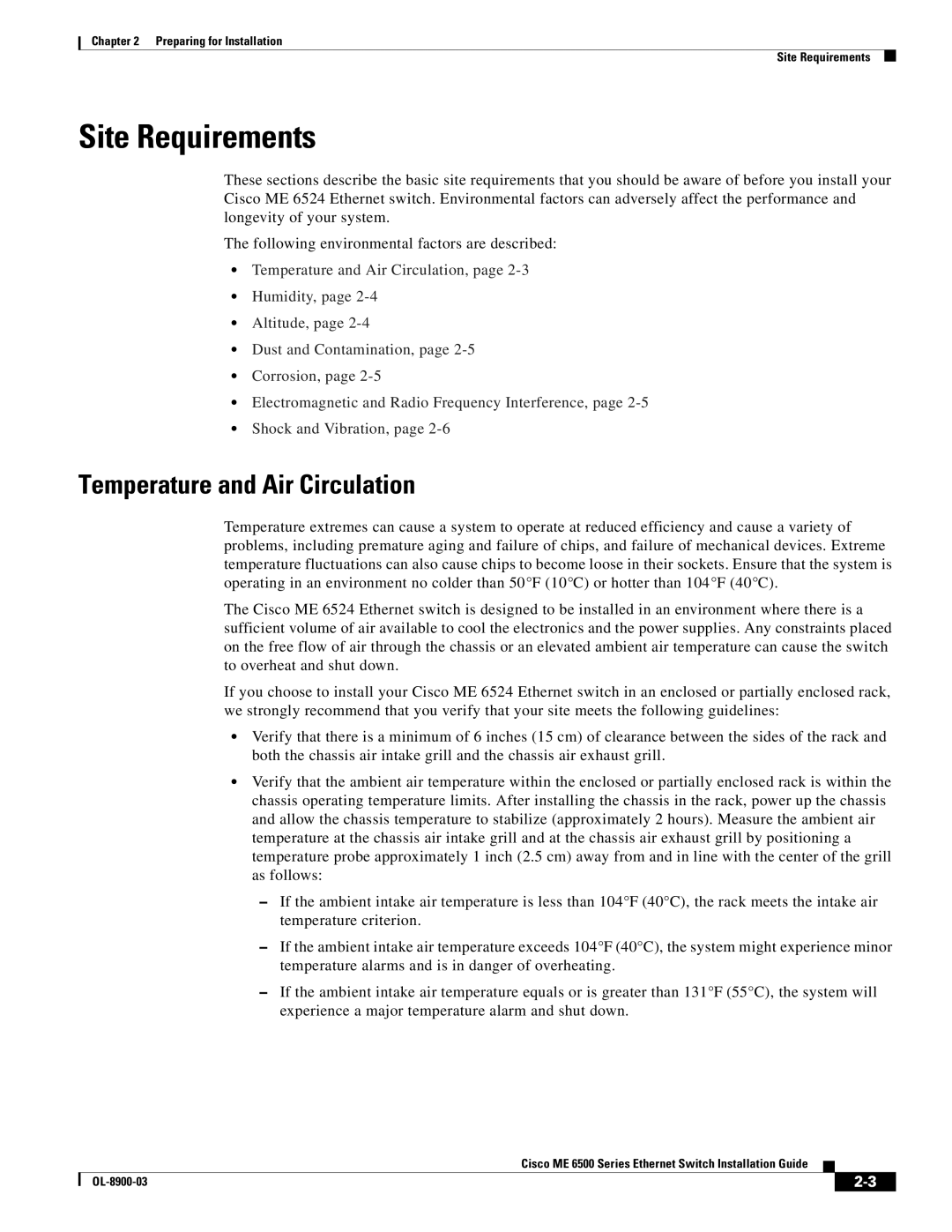 Cisco Systems ME 6500 manual Site Requirements, Temperature and Air Circulation 