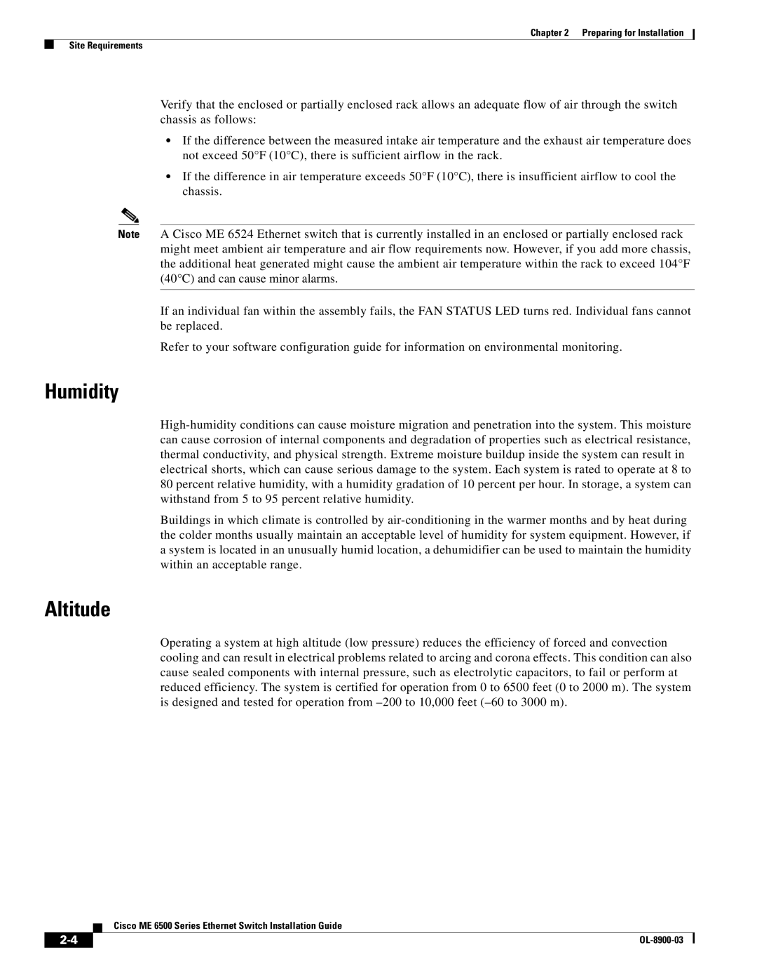 Cisco Systems ME 6500 manual Humidity, Altitude 