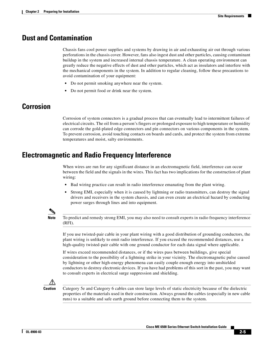 Cisco Systems ME 6500 manual Dust and Contamination, Corrosion, Electromagnetic and Radio Frequency Interference 