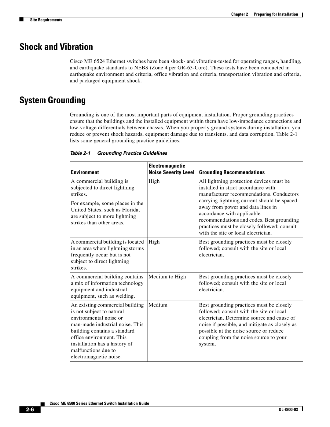 Cisco Systems ME 6500 manual Shock and Vibration, System Grounding, Electromagnetic Environment, Grounding Recommendations 