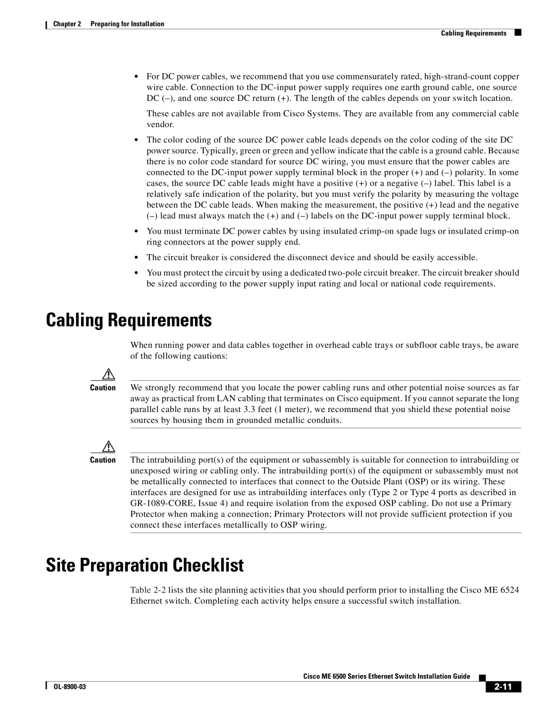 Cisco Systems ME 6500 manual Cabling Requirements, Site Preparation Checklist 