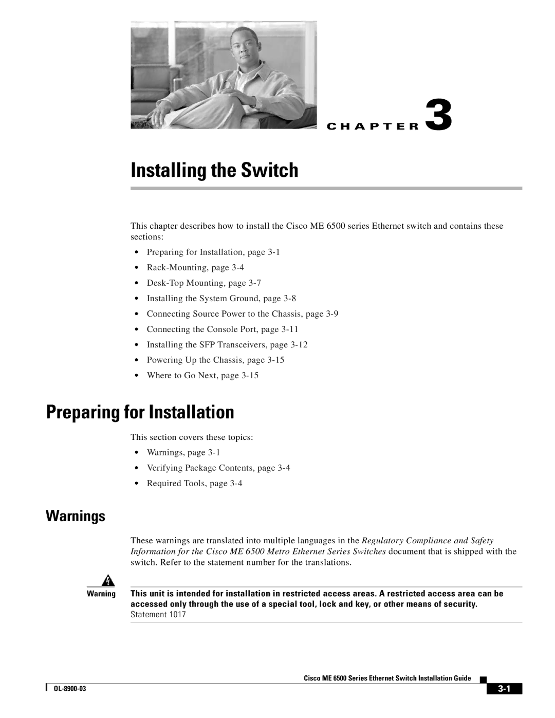 Cisco Systems ME 6500 manual Installing the Switch, Preparing for Installation 