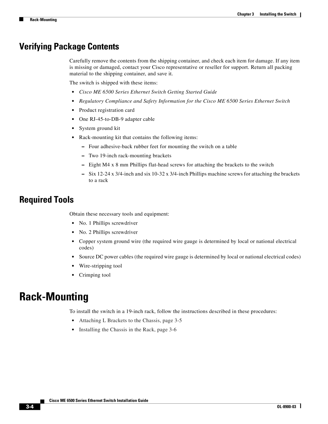 Cisco Systems ME 6500 manual Rack-Mounting, Verifying Package Contents, Required Tools 