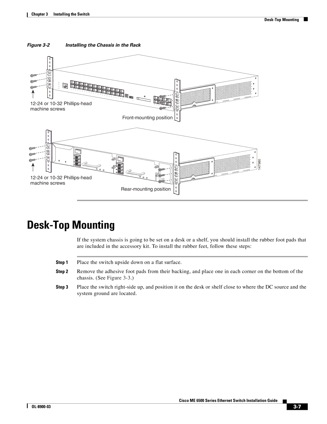 Cisco Systems ME 6500 manual Desk-Top Mounting, Installing the Chassis in the Rack 