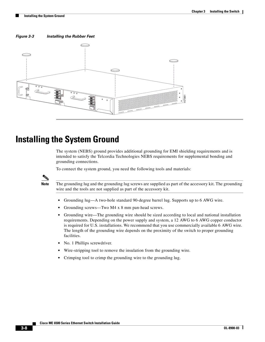 Cisco Systems ME 6500 manual Installing the System Ground, Installing the Rubber Feet 