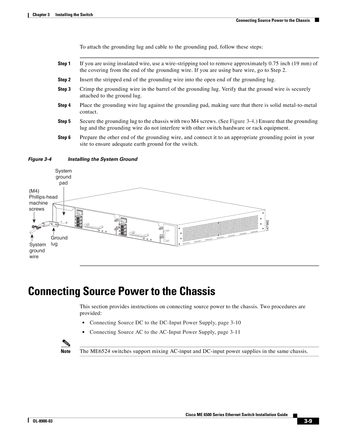 Cisco Systems ME 6500 manual Connecting Source Power to the Chassis, Installing the System Ground 