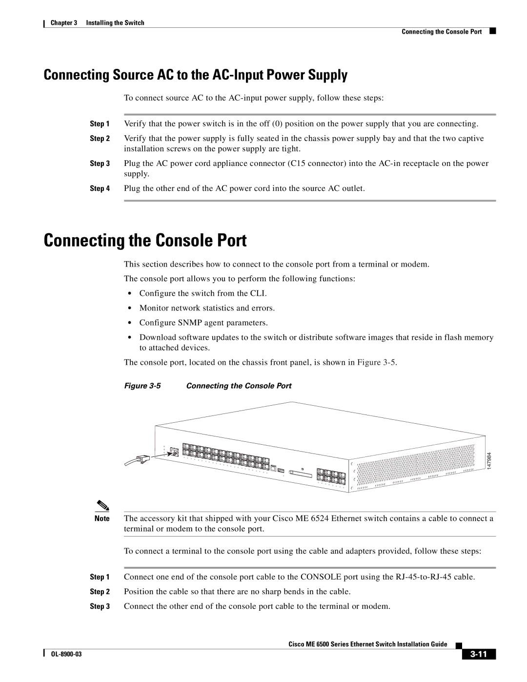 Cisco Systems ME 6500 manual Connecting the Console Port, Connecting Source AC to the AC-Input Power Supply 